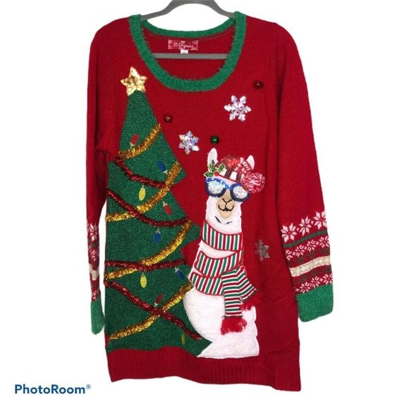 33 DEGREES Sweaters - 33 Degrees Red Llama Christmas Tree Tunic Holiday